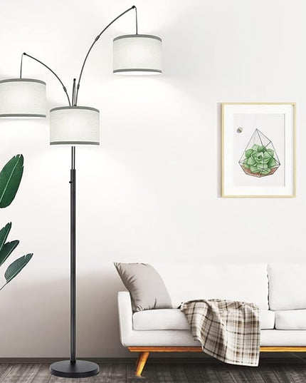 Dimmable Floor Lamp - 3 Lights Arc Floor Lamps for Living Room, 1000LM Modern Tall Standing Lamp With Gray Shades & Heavy Base, Mid Century Tree Floor Lamp for Bedroom Office, 3 LED Bulbs Included - LeafyLoom