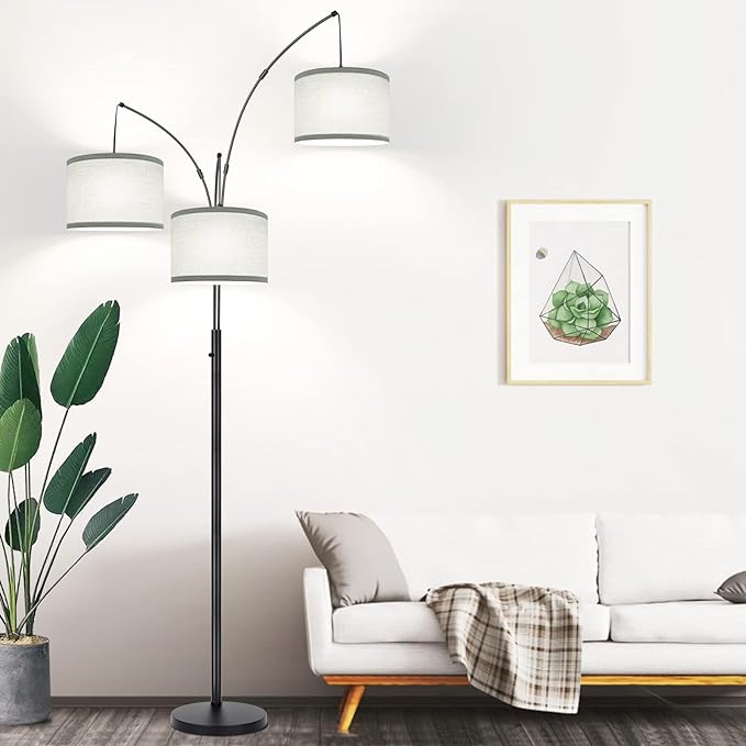 Dimmable Floor Lamp - 3 Lights Arc Floor Lamps for Living Room, 1000LM Modern Tall Standing Lamp With Gray Shades & Heavy Base, Mid Century Tree Floor Lamp for Bedroom Office, 3 LED Bulbs Included - LeafyLoom