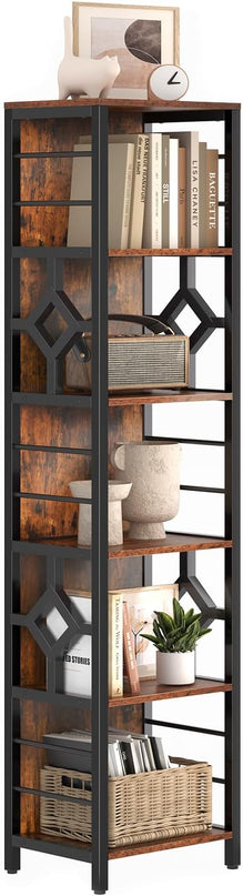 YITAHOME Narrow Bookshelf, 5-Tier Industrial Book Shelf Storage Rack, Display Shelves Stand Etagere for Small Spaces, Open Bookcase for Bedroom Living Room Bathroom Kitchen, Rustic Brown - LeafyLoom