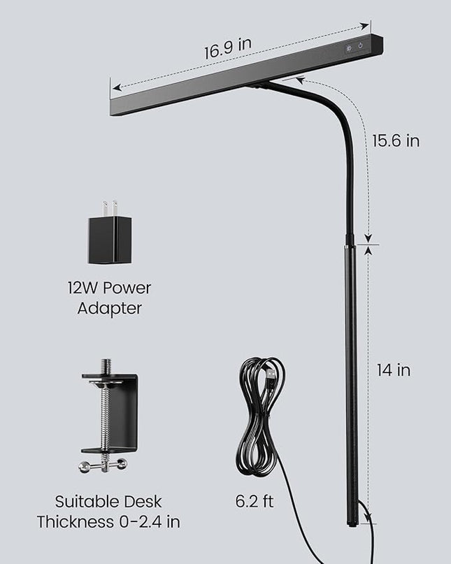 SUPERDANNY LED Desk Lamp for Office Home, Eye-Caring Desk Light with Adjustable Gooseneck, 12W Touch Control Dimmable Brightness, Architect Clamp Lamp with USB Adapter for Reading Study Workbench - LeafyLoom