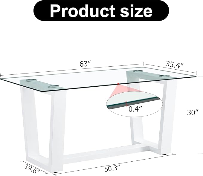 NicBex Glass Dining Table Large Modern Minimalist Rectangular for 6-8 with 0.4" Tempered Glass Tabletop and White MDF Trapezoid Bracket for Kitchen Dining Living Meeting Room Banquet Hall, White - LeafyLoom
