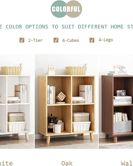 IOTXY Freestanding Open Cubes Bookcase - 2-Tier Floor Standing Wooden Storage Display Cabinet Organizer with Legs for Home Office, 4-Cubes Open Shelf Low Short Bookshelf, Walnut - LeafyLoom
