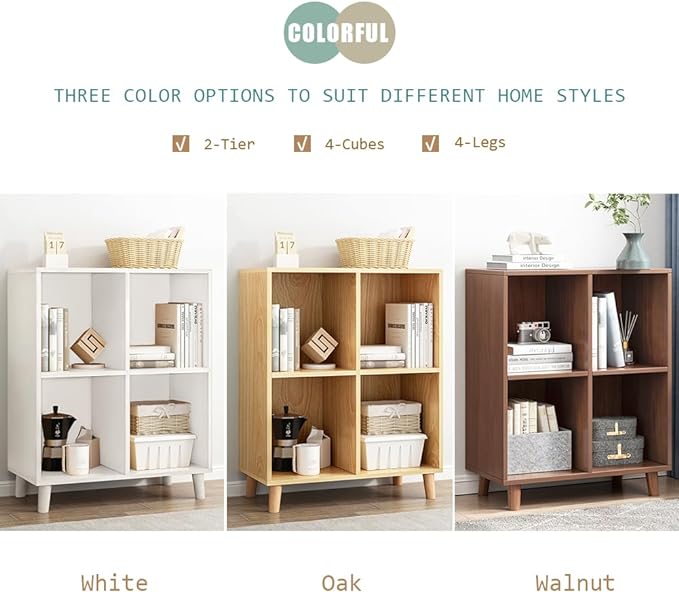 IOTXY Freestanding Open Cubes Bookcase - 2-Tier Floor Standing Wooden Storage Display Cabinet Organizer with Legs for Home Office, 4-Cubes Open Shelf Low Short Bookshelf, Oak - LeafyLoom