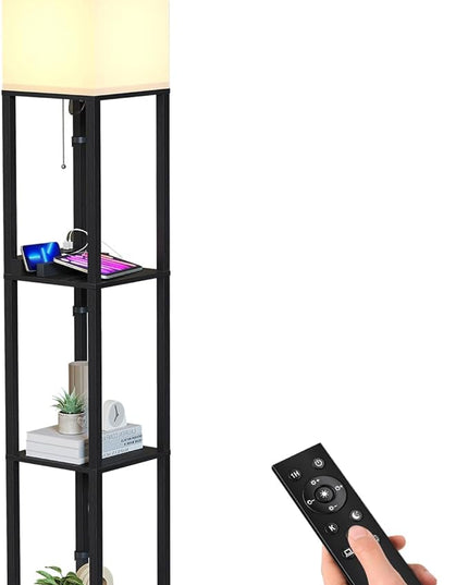 SUNMORY Shelf Lamp with Remote Control, Stepless Color Temperature & Dimmable, Floor Lamp with Shelves with 2 Usb Charging Ports and 2-Hole Socket, Solid Wood Tall Lamps for Living Room, Bedroom，Black - LeafyLoom