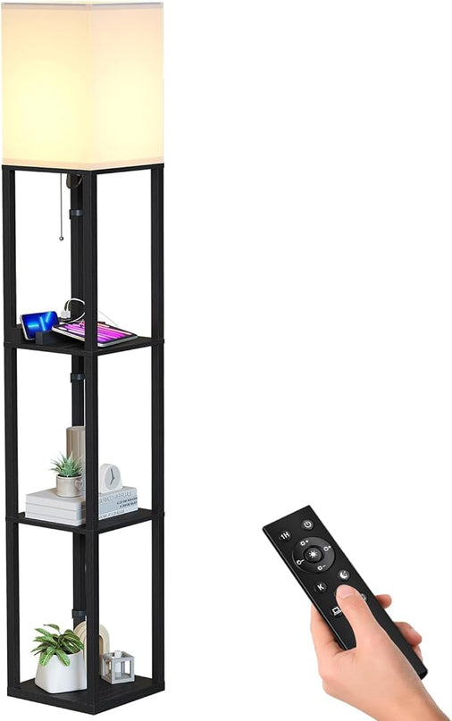 SUNMORY Shelf Lamp with Remote Control, Stepless Color Temperature & Dimmable, Floor Lamp with Shelves with 2 Usb Charging Ports and 2-Hole Socket, Solid Wood Tall Lamps for Living Room, Bedroom，Black - LeafyLoom