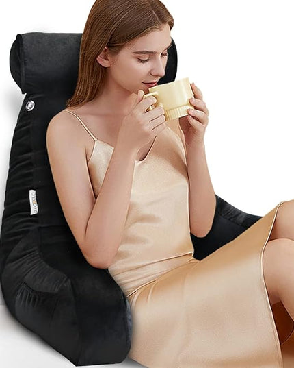 Shredded Foam Reading Pillow with Detachable Neck Roll & Big Bed Backrest Pillow for Bed with Arms and Side Pocket - Perfect for Back Support While Relaxing, Gaming, Reading - LeafyLoom