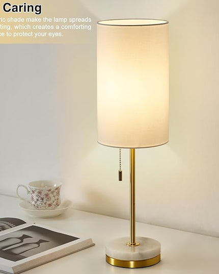 Luvkczc Minimalist Table Lamp Set of 2, Nightstand Lamp for Bedroom Living Room, Modern Pull Chain Bedside Lamp with Marble Base, Fabric Shade, Small Desk Lamp for Home, Office, Reading,Gold - LeafyLoom