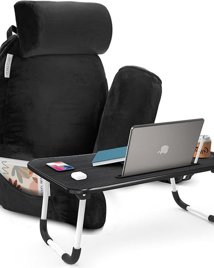 Clara Clark Reading Pillow with Portable Lap Desk for laptop Set, Back Pillow for Sitting Up in Bed, Memory Foam Back Support Pillow, Bed Rest Pillow with Foldable Laptop Desk, Large - Black - LeafyLoom