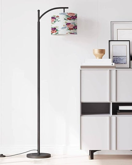 Modern Arc Floor Lamp with Dimmer Mid Century Violet Orange Blue Flowers Green Leaves Bunches White Metal Standing Lamp with Linen Shade Footswitch for Living Room Bedroom Office - LeafyLoom