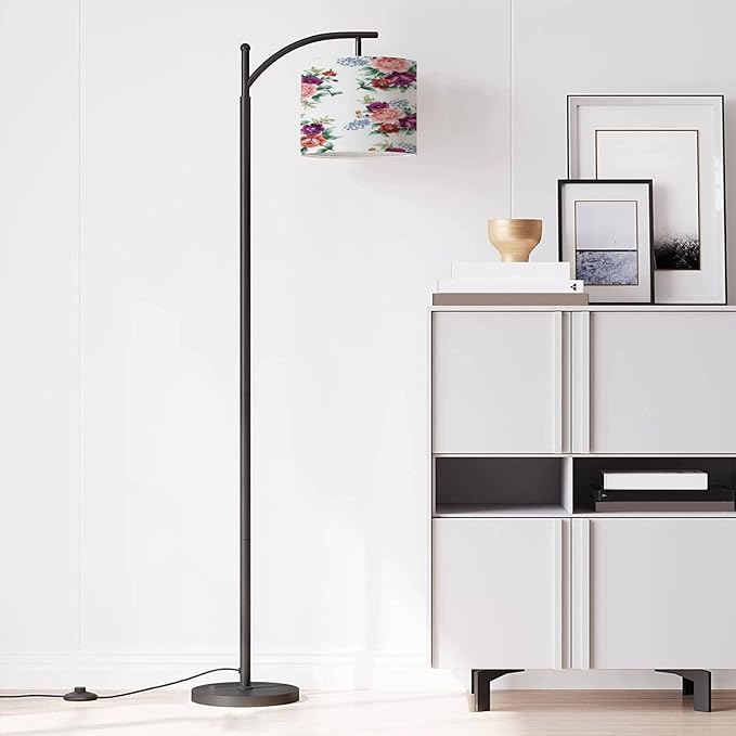 Modern Arc Floor Lamp with Dimmer Mid Century Violet Orange Blue Flowers Green Leaves Bunches White Metal Standing Lamp with Linen Shade Footswitch for Living Room Bedroom Office - LeafyLoom