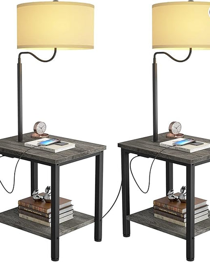 LED Floor Lamp with Table - End Table with USB Charging Port, Power Outlet, Bedside Nightstand Shelves, Side Table with Reading Standing Light for Living Room, Black Oak, Bulb Included, 2 Pack - LeafyLoom