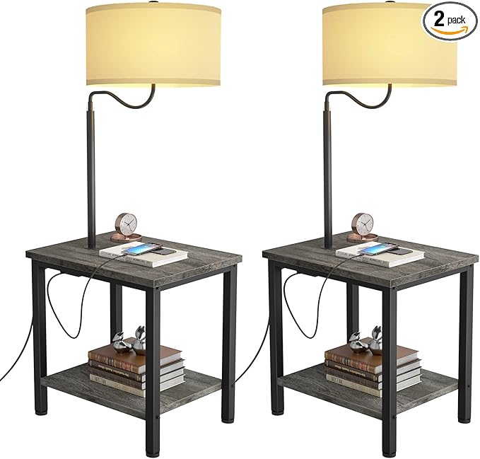 LED Floor Lamp with Table - End Table with USB Charging Port, Power Outlet, Bedside Nightstand Shelves, Side Table with Reading Standing Light for Living Room, Black Oak, Bulb Included, 2 Pack - LeafyLoom
