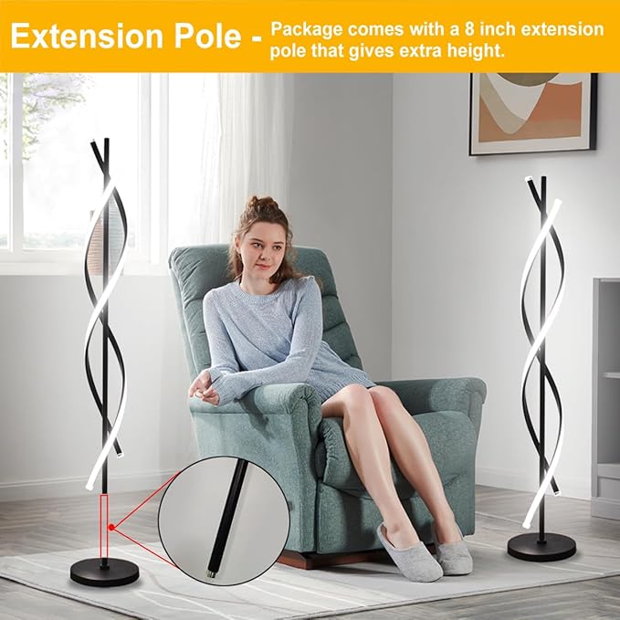 Modern Spiral Floor Lamps for Living Room, 40W LED Floor Lamp with Remote Control, 60 Inch 3 Color Temperatures & Dimmable Brightness Corner Standing Lamp Black Floor Lamp for Bedroom, Office - LeafyLoom