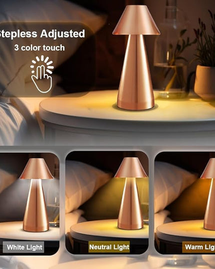 Portable Metal Desk Lamp, Cordless Metal LED Table Lamp,3 Color Touch Control Rechargeable Lamp,3-Levels Brightness Room Decor Desk Lamp,Bedside Lamp,Dining Room Lamp (Rose Gold) - LeafyLoom