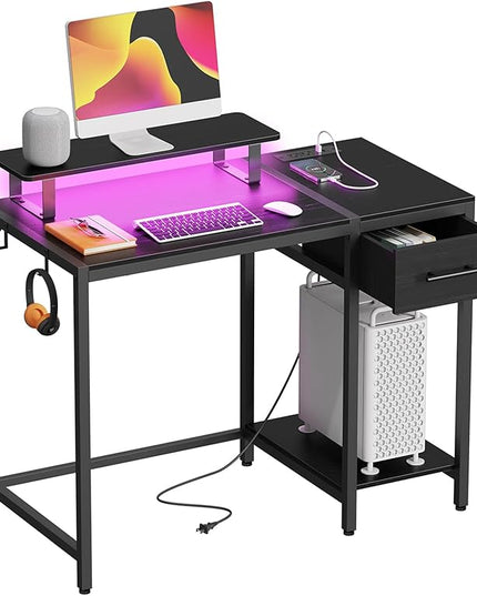Gaming Desk with Led Lights & Power Outlets, 40 Small Gaming Computer Desk with Drawers, Reversible Gamer Desk with Monitor Stand,Work for Home Office,Writing Study Table for Bedroom,Black - LeafyLoom