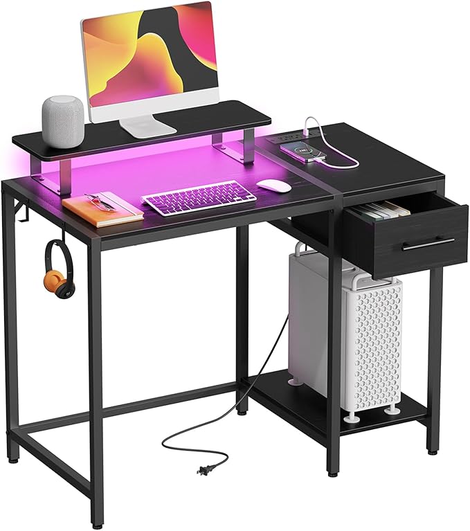 Gaming Desk with Led Lights & Power Outlets, 40 Small Gaming Computer Desk with Drawers, Reversible Gamer Desk with Monitor Stand,Work for Home Office,Writing Study Table for Bedroom,Black - LeafyLoom