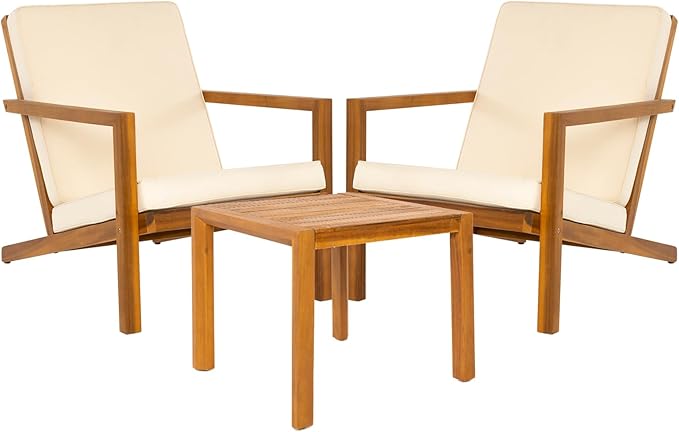 Eleve 400lbs Capacity Outdoor Set of 2 with Wooden Side Table, FSC Certified Acacia Wood Patio Furniture Set for Firepit Porch, Large, Slanted Backrest Club Chair - LeafyLoom