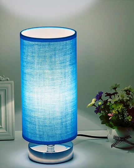 Table Lamp, Bedside Nightstand Lamp, Simple Desk Lamp, Cylinder Table Lamp for Bedroom Living Room Office Study, Blue Shade and Silver Base - LeafyLoom