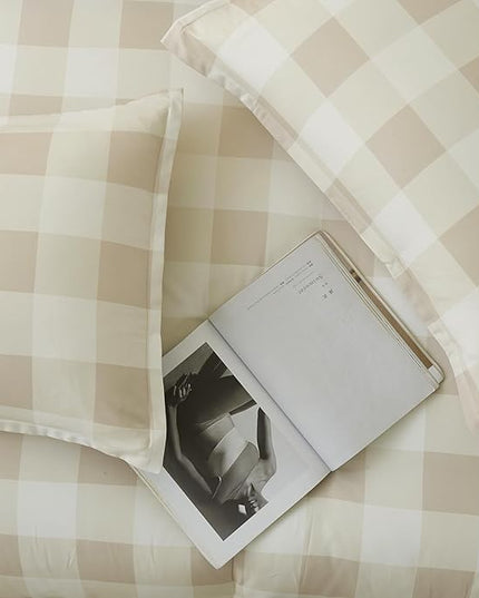 Andency Beige Grid Comforter Set Queen Size (90x90 Inch), 3 Pieces(1 Grid Comforter and 2 Pillowcases), Summer Lightweight Microfiber Down Alternative Beige Comforter - LeafyLoom