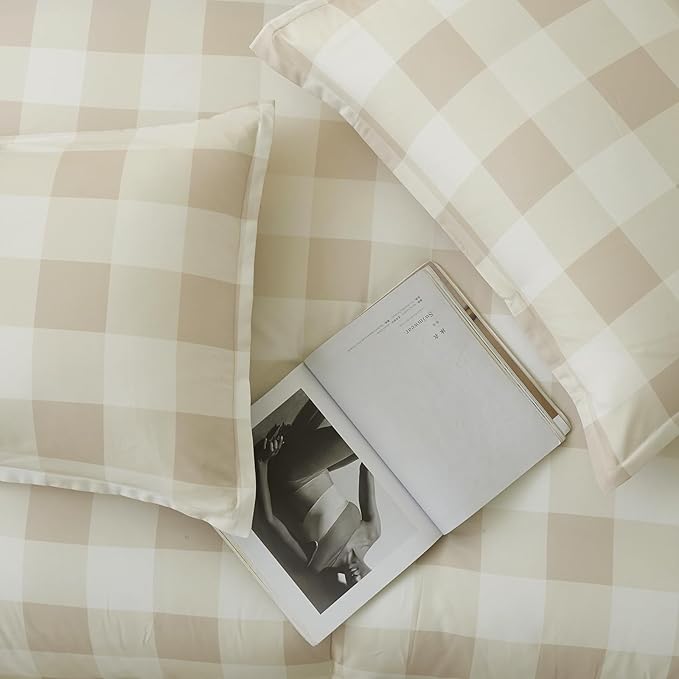 Andency Beige Grid Comforter Set Queen Size (90x90 Inch), 3 Pieces(1 Grid Comforter and 2 Pillowcases), Summer Lightweight Microfiber Down Alternative Beige Comforter - LeafyLoom