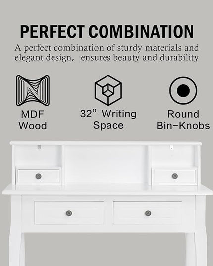 DMAITH Writing Desk with Hutch, 32 Inch Home Office Desk with Drawers, Study Table Computer Desk for Student, Makeup Dressing Table for Bedroom - LeafyLoom