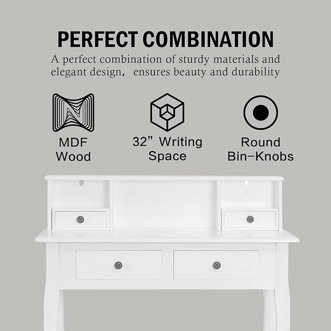DMAITH Writing Desk with Hutch, 32 Inch Home Office Desk with Drawers, Study Table Computer Desk for Student, Makeup Dressing Table for Bedroom - LeafyLoom