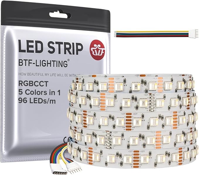 BTF-LIGHTING RGBCCT 5 Colors in 1 LED Tape Lights 5050SMD RGBWW RGB+Dimmable Color Temperature 2700K-6500K 16.4ft 96LED/m 480LED IP30 DC12V White PCB for Home Decoration(No Adapter or Controller) BTF-LIGHTING