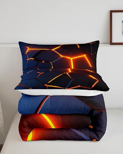 Honeycomb Print Bedding Set Red Black Fire Hexagonal Pattern Comforter Set for Kids Boys Girls Teens Beehive Geometrical Comforter Breathable Simplistic Duvet Set Room Decor Quilt Set Queen Size - LeafyLoom