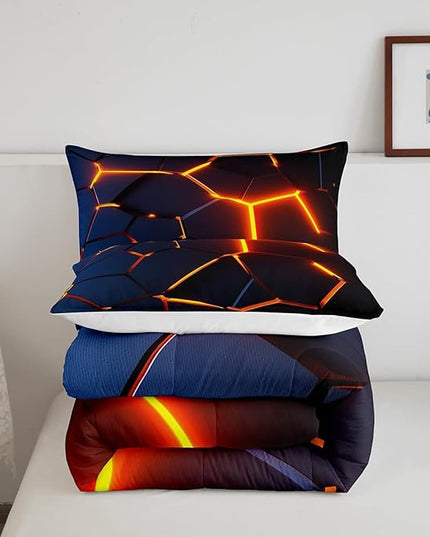 Honeycomb Print Bedding Set Red Black Fire Hexagonal Pattern Comforter Set for Kids Boys Girls Teens Beehive Geometrical Comforter Breathable Simplistic Duvet Set Room Decor Quilt Set Twin Size - LeafyLoom