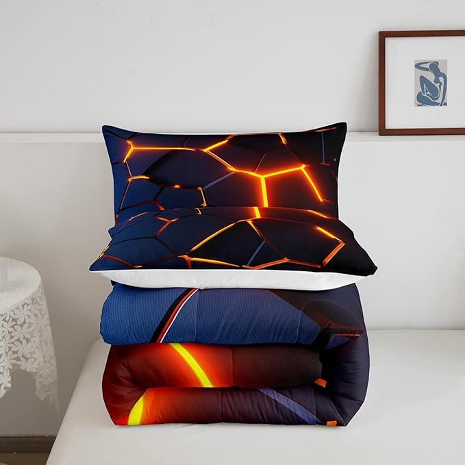 Honeycomb Print Bedding Set Red Black Fire Hexagonal Pattern Comforter Set for Kids Boys Girls Teens Beehive Geometrical Comforter Breathable Simplistic Duvet Set Room Decor Quilt Set Full Size - LeafyLoom