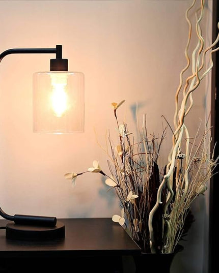 Simple Designs LD1036-BLK Bronson Antique Style Industrial Iron Lantern Desk Bedside Glass Shade Table Lamp, Black - LeafyLoom