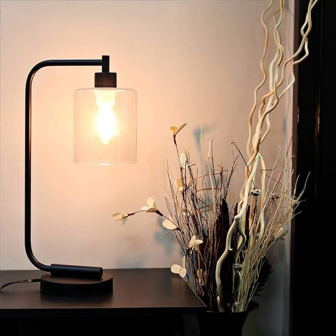 Simple Designs LD1036-BLK Bronson Antique Style Industrial Iron Lantern Desk Bedside Glass Shade Table Lamp, Black - LeafyLoom