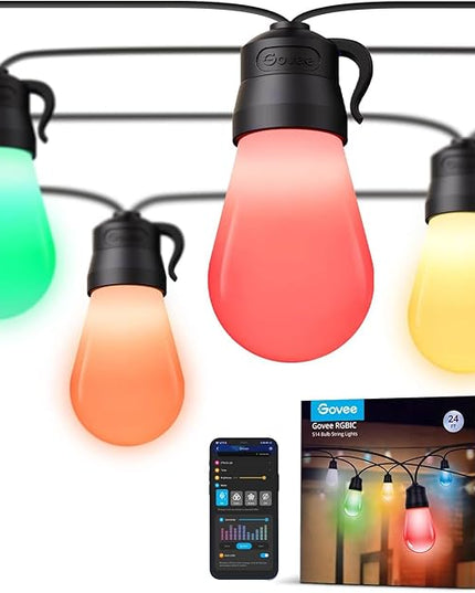 Govee Smart Outdoor String Lights H7029, 24ft RGBIC Outdoor Lights with 8 Dimmable LED Bulbs, IP65 Waterproof, Color Changing Warm White Lights with 47 Scene Modes for Patio, Backyard, App Control Govee