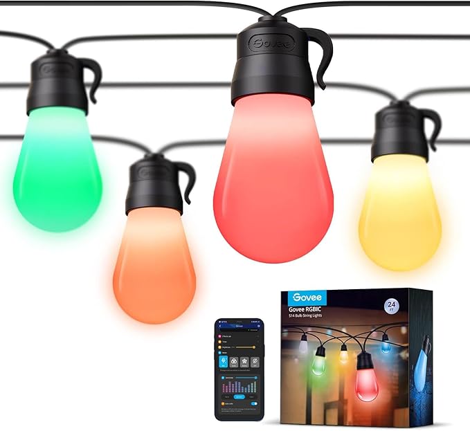 Govee Smart Outdoor String Lights H7029, 24ft RGBIC Outdoor Lights with 8 Dimmable LED Bulbs, IP65 Waterproof, Color Changing Warm White Lights with 47 Scene Modes for Patio, Backyard, App Control Govee