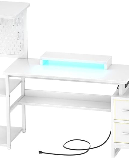 Computer Desk with 2 Fabric Drawers - Reversible Home Office Desk with Power Outlet & LED Lights, 53" Writing Desk with Monitor Stand & Storage Shelves, Gaming Desk Study Table with Pegboard, White - LeafyLoom