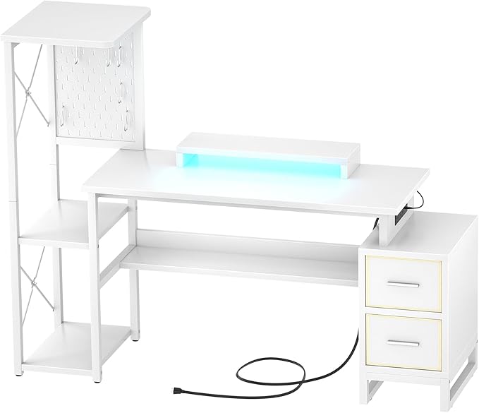 Computer Desk with 2 Fabric Drawers - Reversible Home Office Desk with Power Outlet & LED Lights, 53" Writing Desk with Monitor Stand & Storage Shelves, Gaming Desk Study Table with Pegboard, White - LeafyLoom