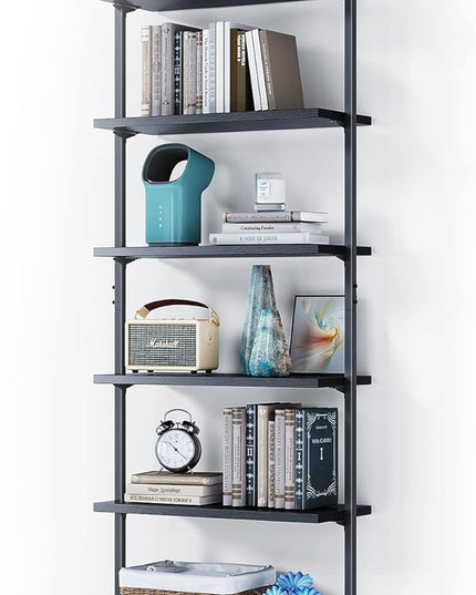 ODK 6-Tier Ladder Shelf, 87 Inches Wall Mounted Ladder Bookshelf with Metal Frame, Open Industrial Shelves for Home Office, Bedroom and Living Room, Black - LeafyLoom