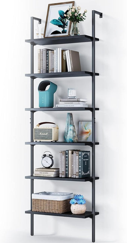 ODK 6-Tier Ladder Shelf, 87 Inches Wall Mounted Ladder Bookshelf with Metal Frame, Open Industrial Shelves for Home Office, Bedroom and Living Room, Black - LeafyLoom