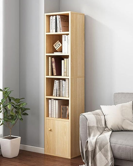IOTXY Small Narrow Corner Bookcase - 59 Inches Tall Gap Freestanding Storage Cabinet, 6 Lattices Open Shelves Tower Rack with Door, Cubes Bookshelf in Oak - LeafyLoom