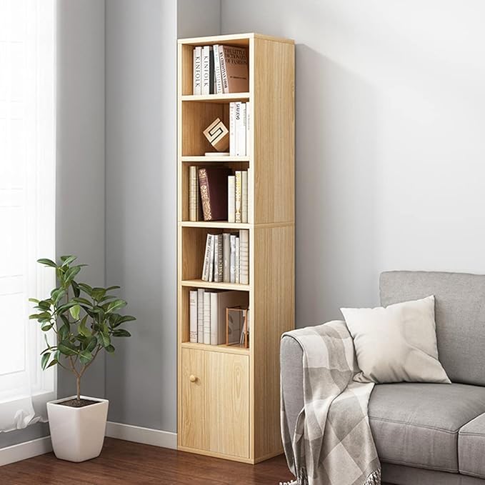 IOTXY Small Narrow Corner Bookcase - 59 Inches Tall Gap Freestanding Storage Cabinet, 6 Lattices Open Shelves Tower Rack with Door, Cubes Bookshelf in Oak - LeafyLoom