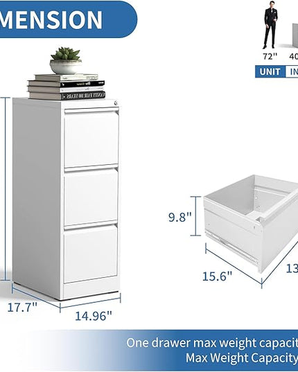3 Drawer File Cabinet with Lock, Metal Vertical Filing Cabinets for Home Office, Steel Storage Cabinet for Hanging Legal/Letter Size Files, Assembly Required (White) - LeafyLoom