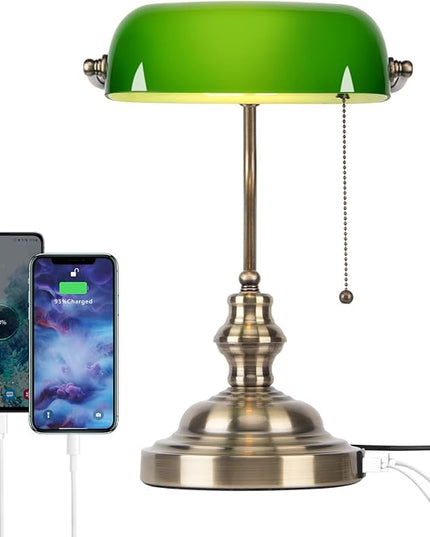 FIRVRE Green Glass Bankers Lamp, Retro Lamp with USB and Type C Charging Ports, Pull Chain Switch Desk Lamp with Brass Base, Vintage Desk Lamp for Home Office Workplace Study Room Bedroom - LeafyLoom