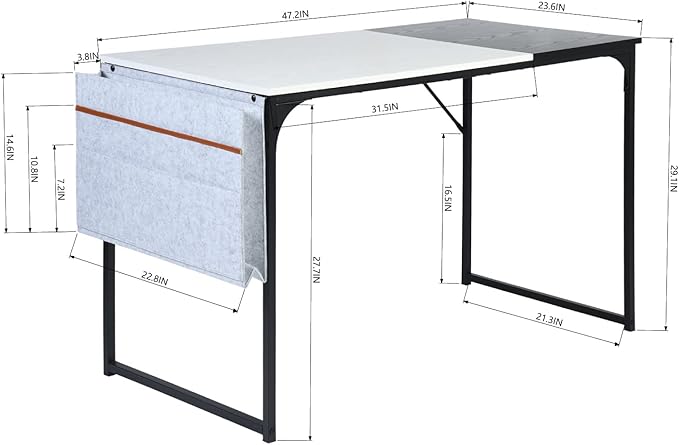 47 inch Study Storage Bag Space Saving for Home Office, Modern Simple Style PC Metal Frame Computer Desk, Writing Table, Black, White - LeafyLoom