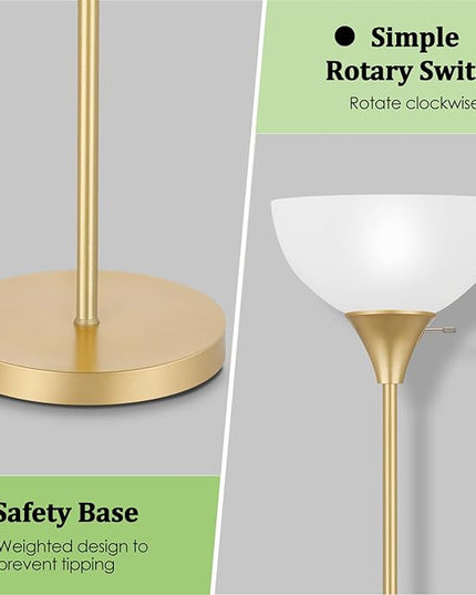 Floor Lamp, LED Standing Lamps with White Plastic Shade, White Modern Torchiere Floor Lamp, Simple Tall Lamps for Living Room Dorm Bedroom, Rotary Switch, E26 Base, Bulb not Included, Gold - LeafyLoom
