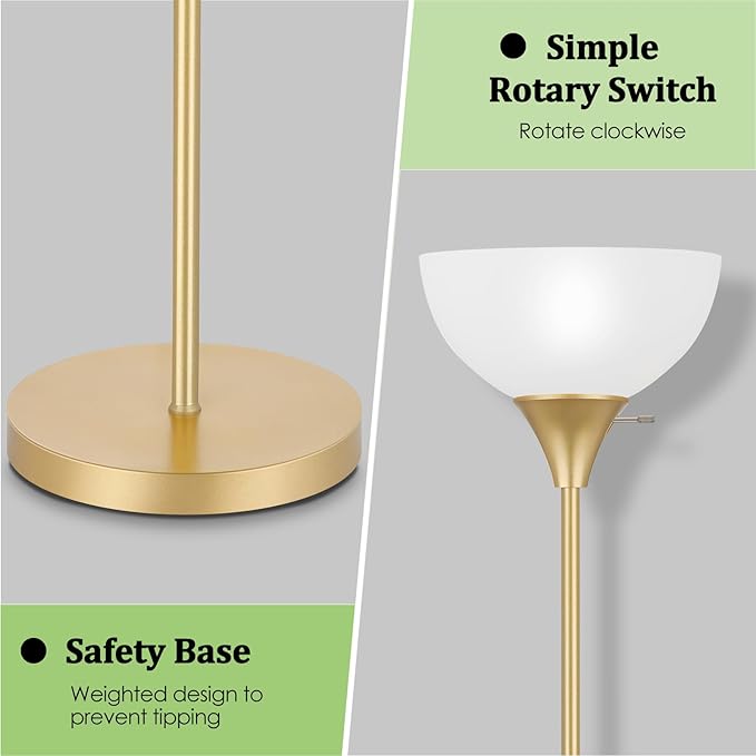 Floor Lamp, LED Standing Lamps with White Plastic Shade, White Modern Torchiere Floor Lamp, Simple Tall Lamps for Living Room Dorm Bedroom, Rotary Switch, E26 Base, Bulb not Included, Gold - LeafyLoom