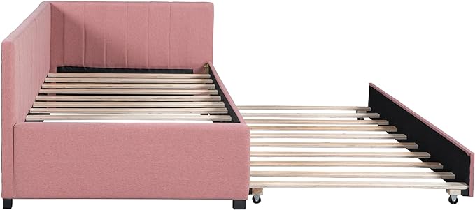 Merax Twin Size Daybed with Trundle, Linen Upholstered Sofa Bed, Solid Wood Slats Support, No Box Spring Needed, Wooden Day Bed Frame for Living Room, Apartment, Small Spaces, Pink - LeafyLoom