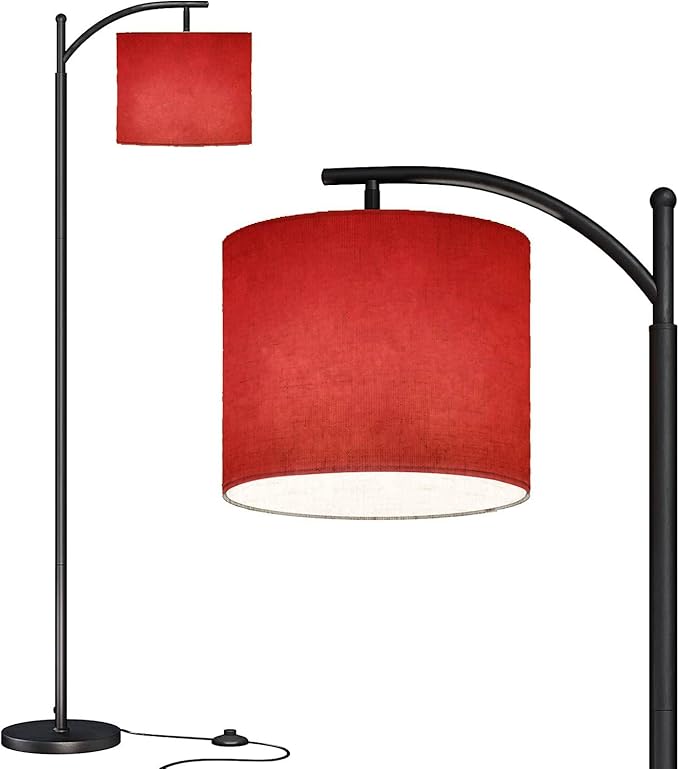 Modern Arc Floor Lamp with Dimmer Mid Century Abstract red Brushed Texture Cement Concrete Metal Standing Lamp with Linen Shade Footswitch for Living Room Bedroom Office - LeafyLoom