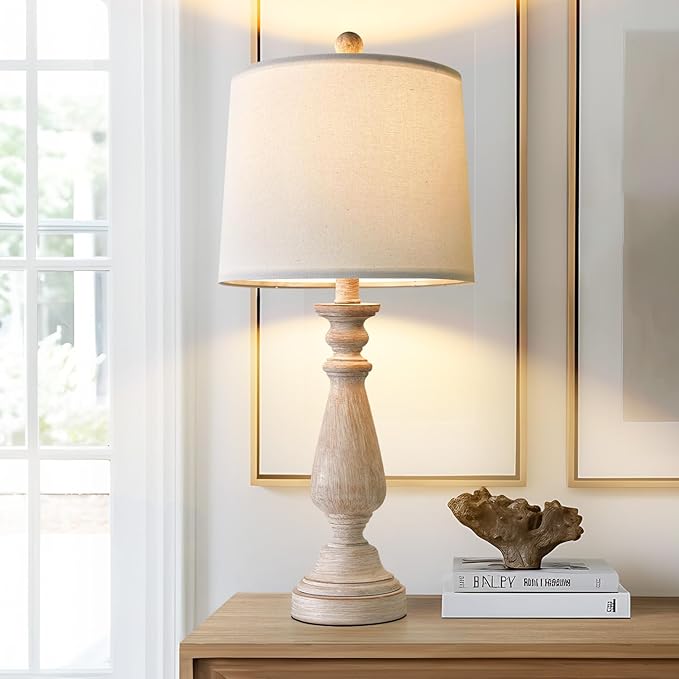 PORTRES 24.5" Mid Century Single Table Lamp for Living Room Farmhouse Linen Bedside Lamps for Bedroom Kids Room Dorm Office Rustic Lamps for End Table Nigntstand Resin - LeafyLoom