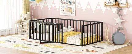 RITSU Twin Size Metal Floor Fence Bed, Montessori Bedframe, with Safety Guardrail and Door, for Children Bedroom, Boys Girls, Apartment, Strong & Durable, Easy to Assemble, Black - LeafyLoom
