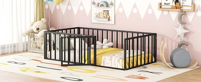 RITSU Twin Size Metal Floor Fence Bed, Montessori Bedframe, with Safety Guardrail and Door, for Children Bedroom, Boys Girls, Apartment, Strong & Durable, Easy to Assemble, Black - LeafyLoom